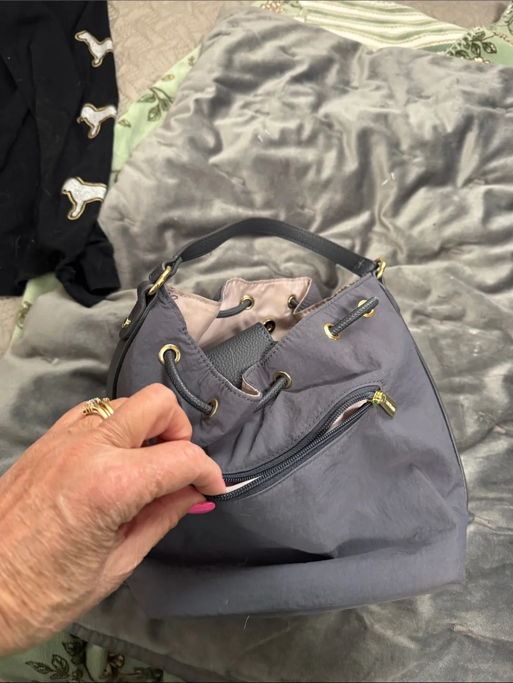 Isaac Mizrahi Dark Navy Drawstring Hobo with Gold Hardware